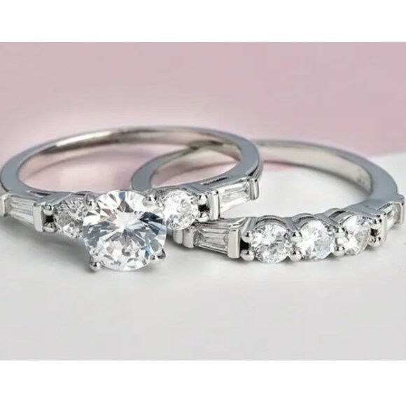 .75 Carat Round Lab Created Cubic Zirconia Silver Electro-Plated Wedding Set - Picture 2 of 7